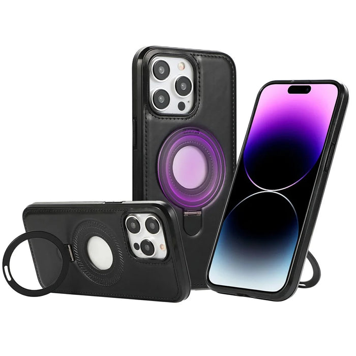 For iPhone 14 Pro Case Magnetic Kickstand PU Leather Coated PC + TPU Phone Cover - Black - 1