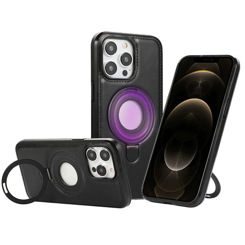 For iPhone 12 / 12 Pro Case Magnetic Kickstand PU Leather Coated PC + TPU Phone Cover - Black - 1