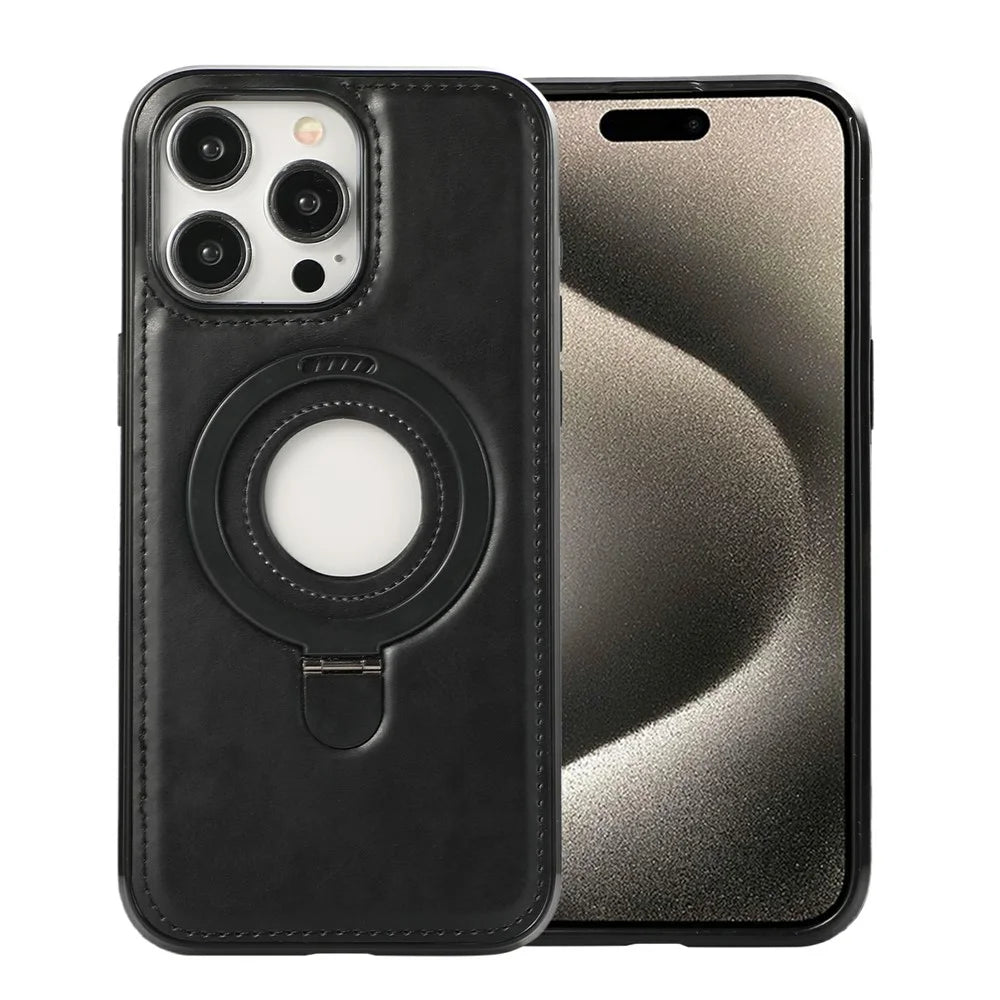 For iPhone 15 Pro Max Case Magnetic Kickstand PU Leather Coated PC + TPU Phone Cover - Black - 2