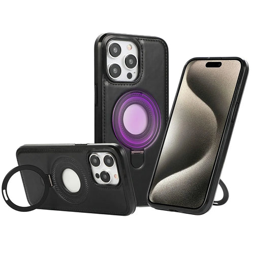 For iPhone 15 Pro Case Magnetic Kickstand PU Leather Coated PC + TPU Phone Cover - Black - 1