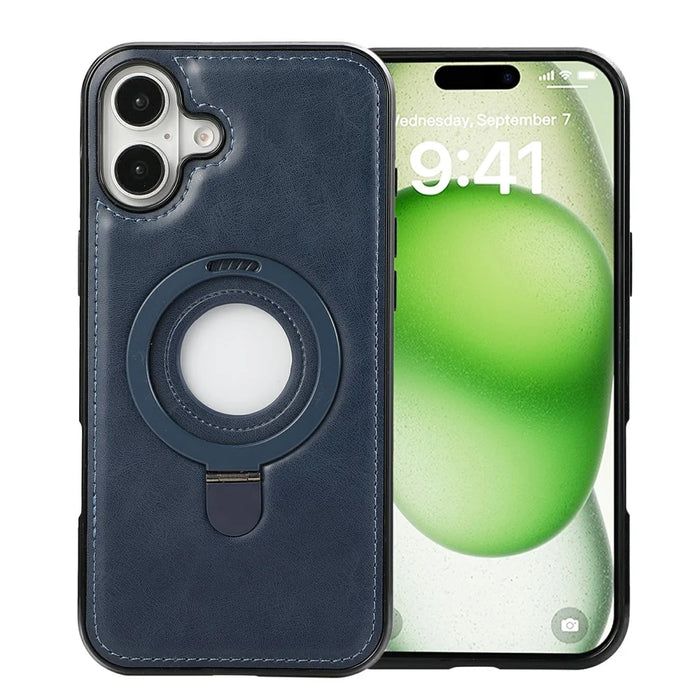For iPhone 16 Case Magnetic Kickstand PU Leather Coated PC + TPU Phone Cover - Blue - 2