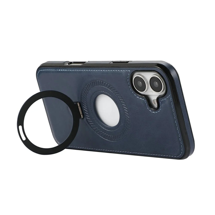 For iPhone 16 Case Magnetic Kickstand PU Leather Coated PC + TPU Phone Cover - Blue - 4