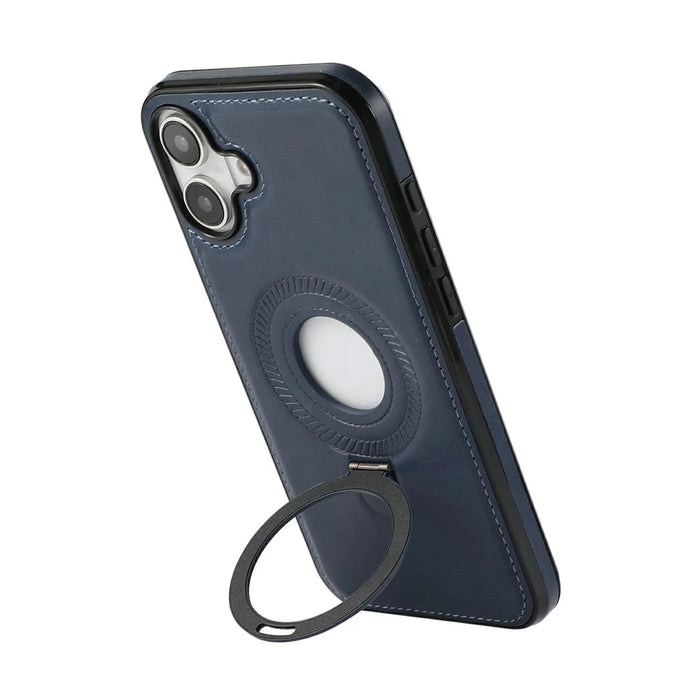 For iPhone 16 Case Magnetic Kickstand PU Leather Coated PC + TPU Phone Cover - Blue - 5
