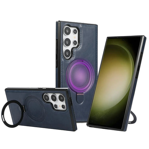 For Samsung Galaxy S24 Ultra Case Magnetic Kickstand PU Leather Coated PC + TPU Phone Cover - Blue - 1