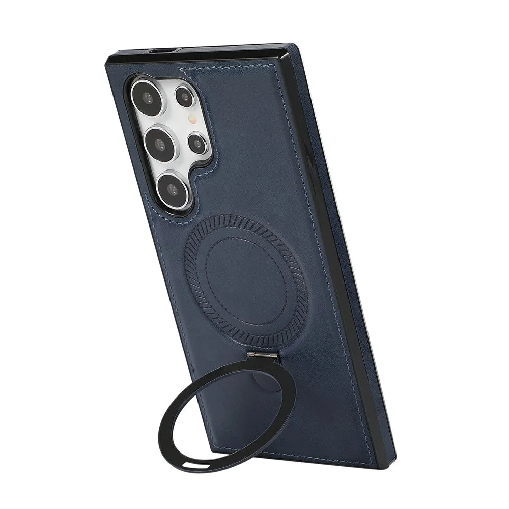 For Samsung Galaxy S24 Ultra Case Magnetic Kickstand PU Leather Coated PC + TPU Phone Cover - Blue - 4