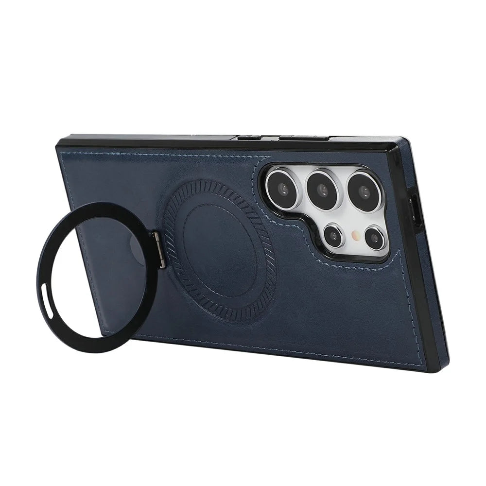 For Samsung Galaxy S24 Ultra Case Magnetic Kickstand PU Leather Coated PC + TPU Phone Cover - Blue - 5