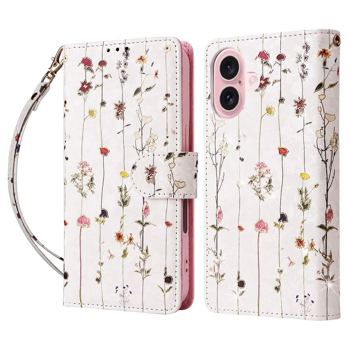 For iPhone 17 Case RFID Blocking Flower Leather Phone Cover with Wrist Strap - Small Flower - 1