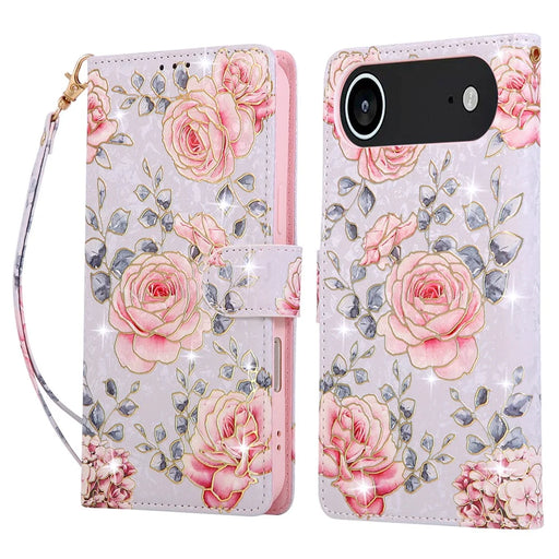 For iPhone Air Case RFID Blocking Flower Leather Phone Cover with Wrist Strap - Rose Flower - 1