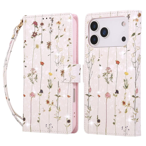 For iPhone 18 Pro / 17 Pro Case RFID Blocking Flower Leather Phone Cover with Wrist Strap - Small Flower - 1