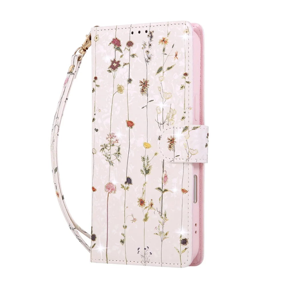 For iPhone 18 Pro / 17 Pro Case RFID Blocking Flower Leather Phone Cover with Wrist Strap - Small Flower - 5