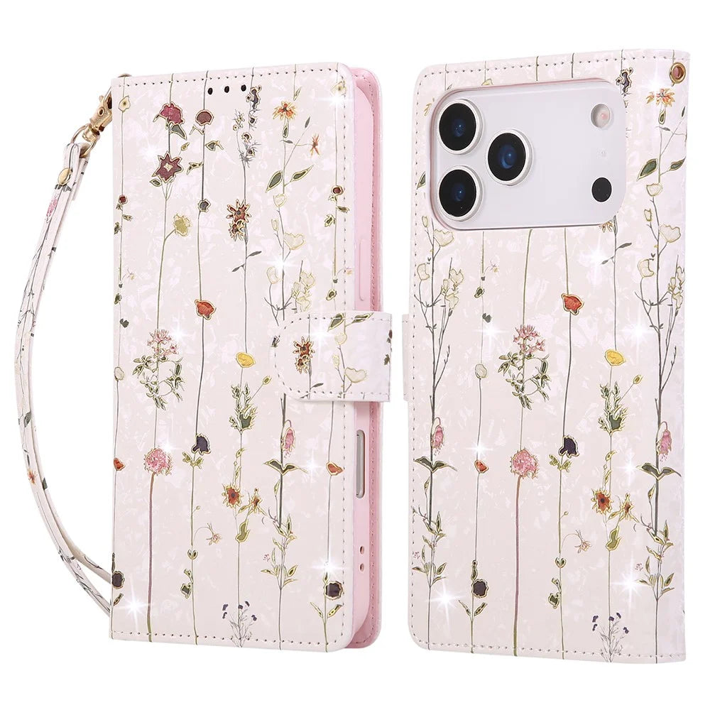 For iPhone 18 Pro Max / 17 Pro Max Case RFID Blocking Flower Leather Phone Cover with Wrist Strap - Small Flower - 1