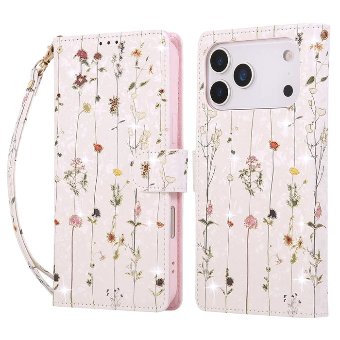 For iPhone 18 Pro Max / 17 Pro Max Case RFID Blocking Flower Leather Phone Cover with Wrist Strap - Small Flower - 1