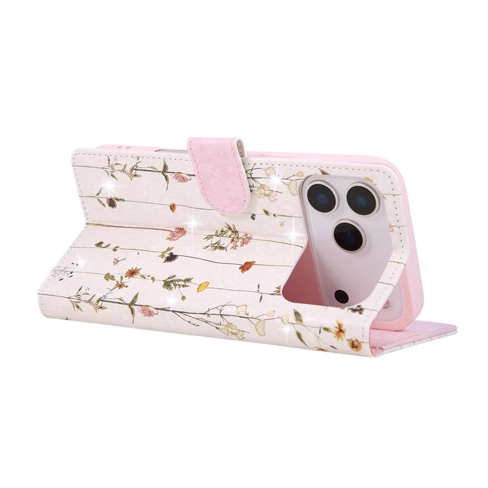 For iPhone 18 Pro Max / 17 Pro Max Case RFID Blocking Flower Leather Phone Cover with Wrist Strap - Small Flower - 4