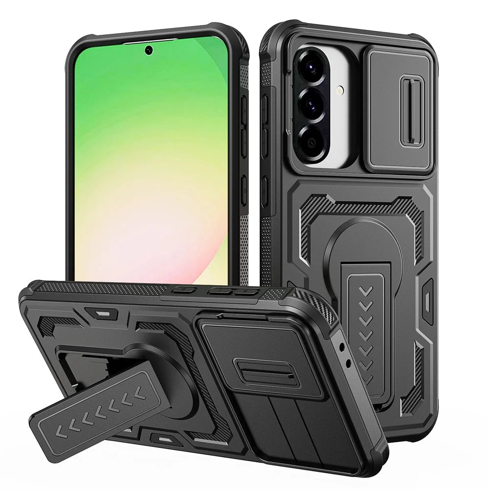 For Samsung Galaxy A36 5G / A56 5G Case Slide Lens Shield PC + TPU Kickstand Phone Cover - Black - 1