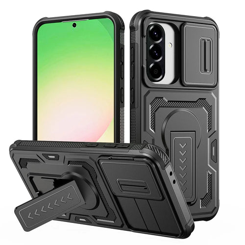 For Samsung Galaxy A36 5G / A56 5G Case Slide Lens Shield PC + TPU Kickstand Phone Cover - Black - 1