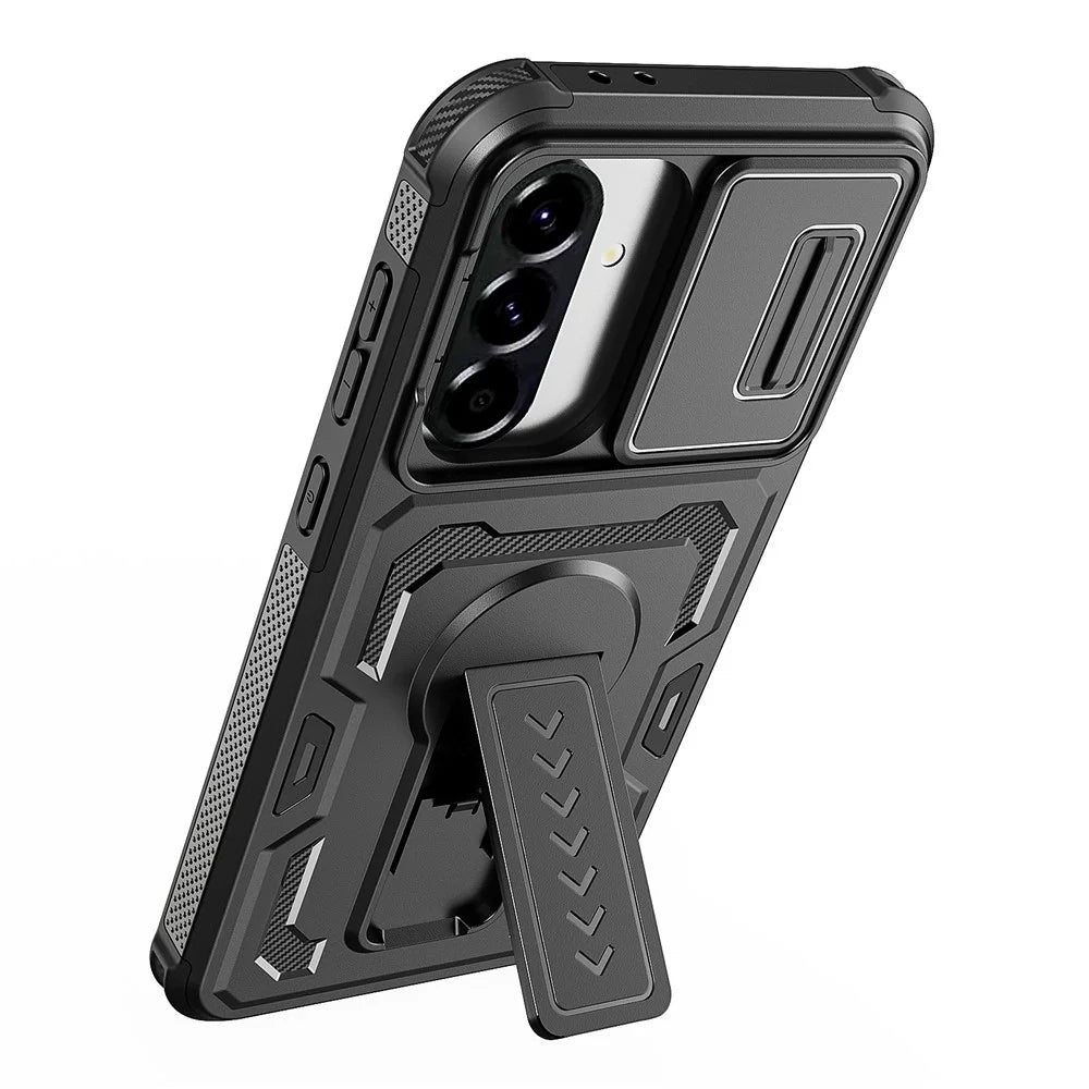 For Samsung Galaxy A36 5G / A56 5G Case Slide Lens Shield PC + TPU Kickstand Phone Cover - Black - 2