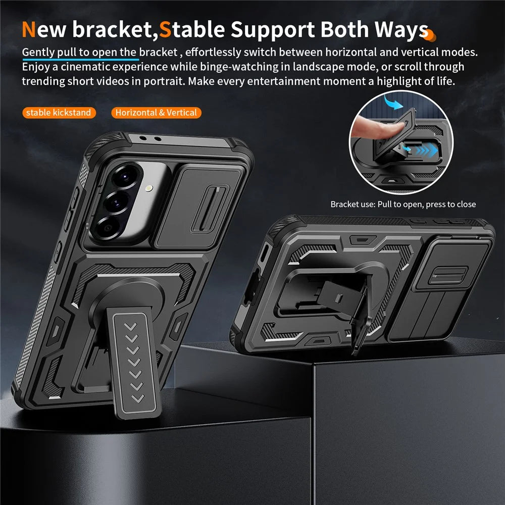 For Samsung Galaxy A36 5G / A56 5G Case Slide Lens Shield PC + TPU Kickstand Phone Cover - Black - 5