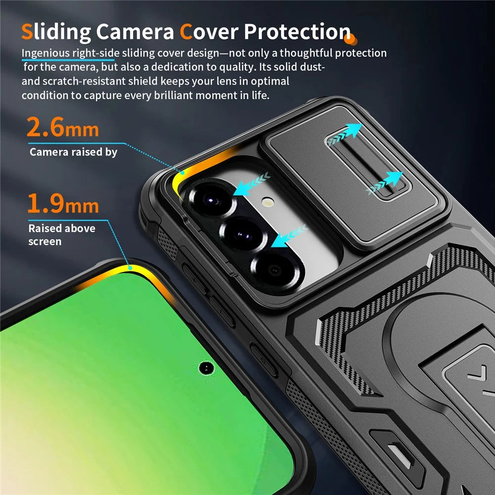For Samsung Galaxy A36 5G / A56 5G Case Slide Lens Shield PC + TPU Kickstand Phone Cover - Black - 6