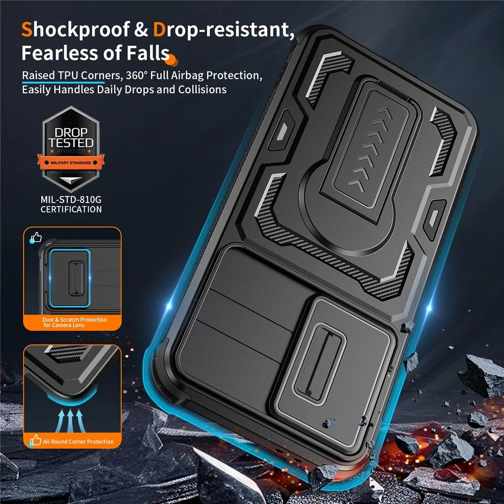 For Samsung Galaxy A36 5G / A56 5G Case Slide Lens Shield PC + TPU Kickstand Phone Cover - Black - 7