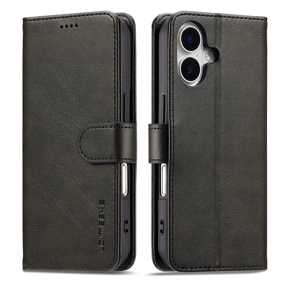 LC.IMEEKE For iPhone 17 Case Calf Texture PU Leather Stand Wallet Phone Cover - Black - 1
