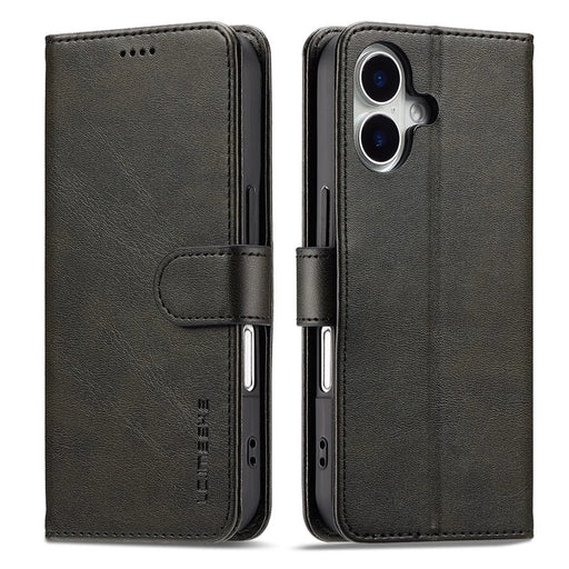 LC.IMEEKE For iPhone 17 Case Calf Texture PU Leather Stand Wallet Phone Cover - Black - 1
