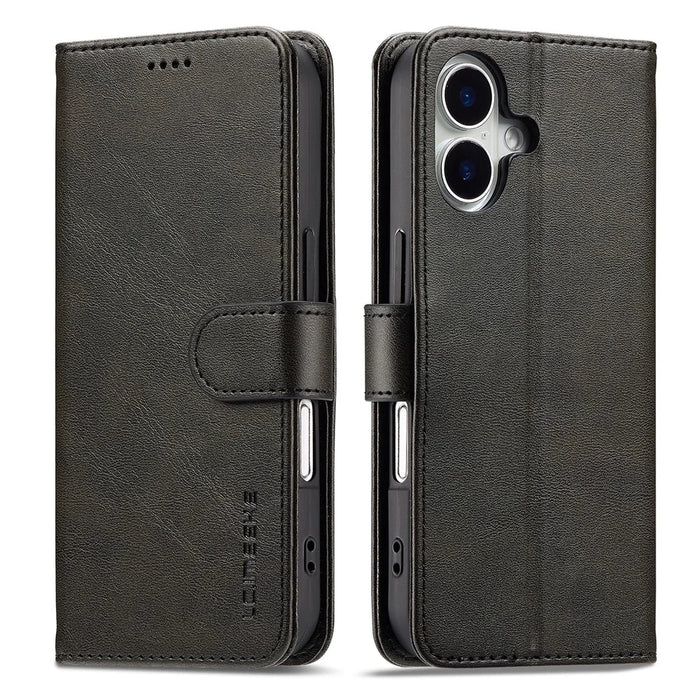 LC.IMEEKE For iPhone 17 Case Calf Texture PU Leather Stand Wallet Phone Cover - Black - 1
