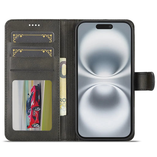 LC.IMEEKE For iPhone 17 Case Calf Texture PU Leather Stand Wallet Phone Cover - Black - 2