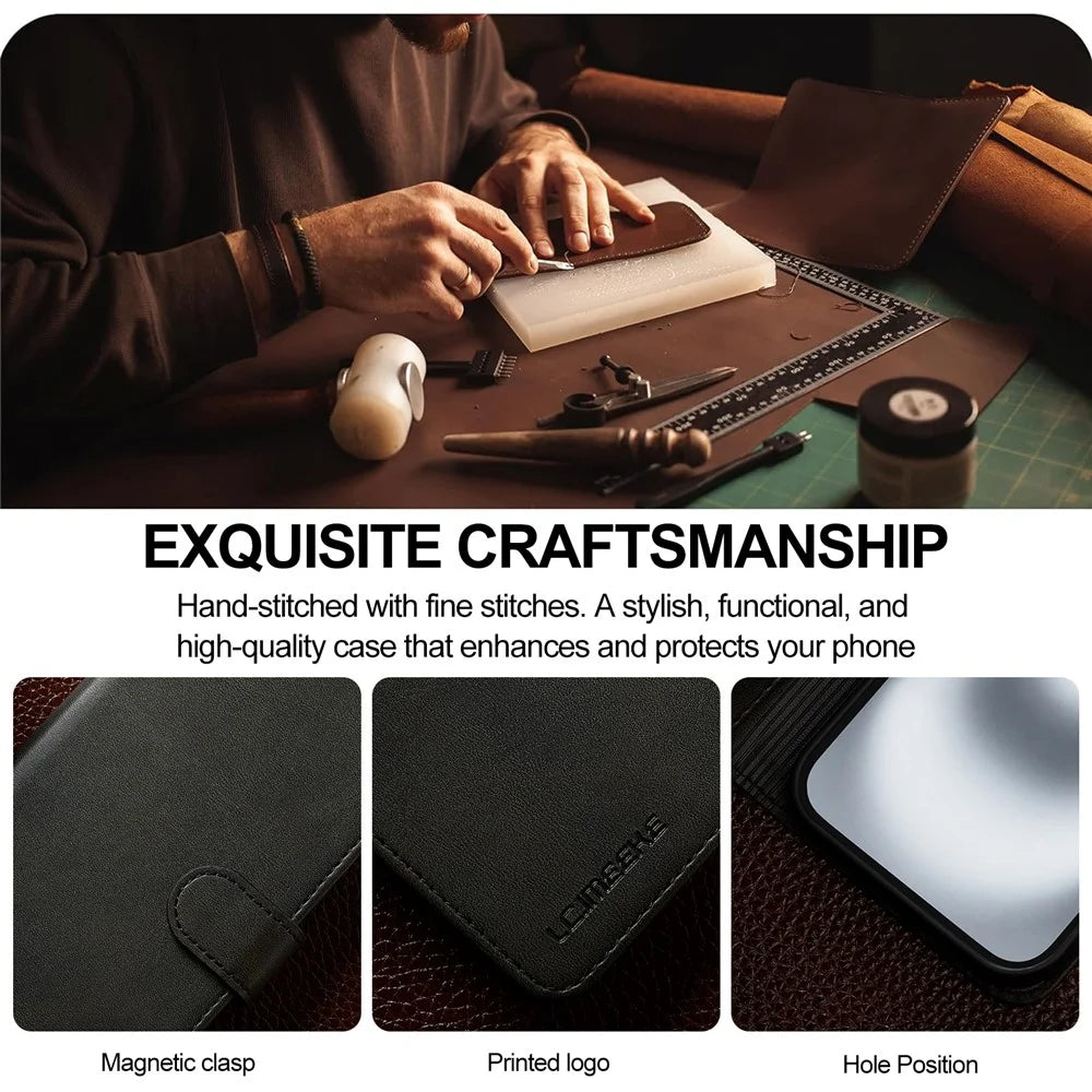 LC.IMEEKE For iPhone 17 Case Calf Texture PU Leather Stand Wallet Phone Cover - Black - 6
