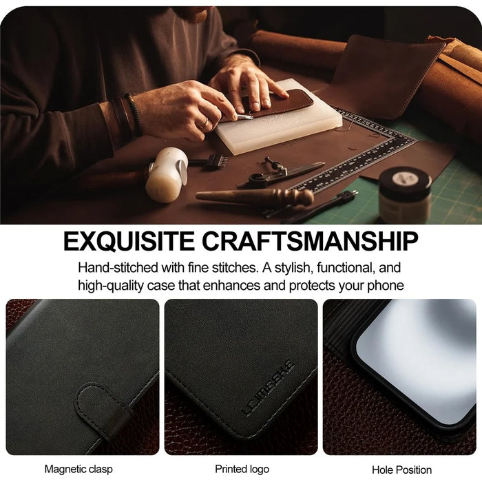LC.IMEEKE For iPhone 17 Case Calf Texture PU Leather Stand Wallet Phone Cover - Black - 6