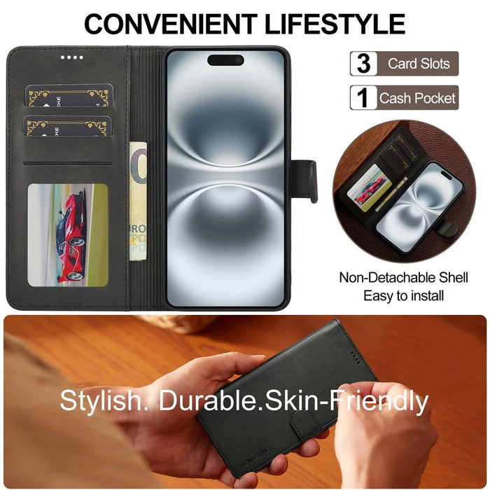 LC.IMEEKE For iPhone 17 Case Calf Texture PU Leather Stand Wallet Phone Cover - Black - 7