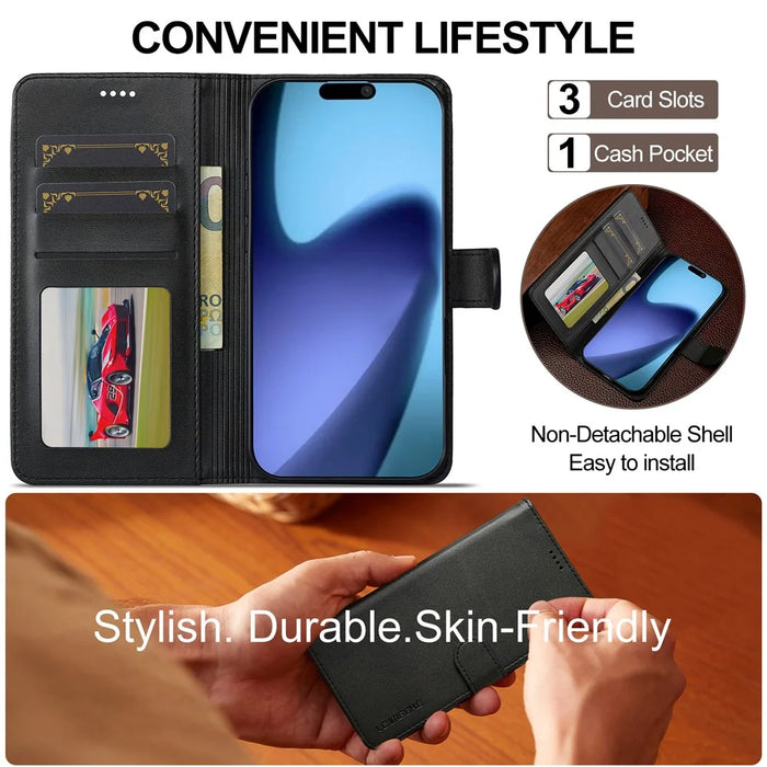 LC.IMEEKE For iPhone Air Case Calf Texture PU Leather Stand Wallet Phone Cover - Black - 7