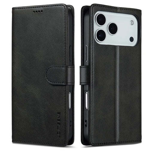 LC.IMEEKE For iPhone 18 Pro / 17 Pro Case Calf Texture PU Leather Stand Wallet Phone Cover - Black - 1