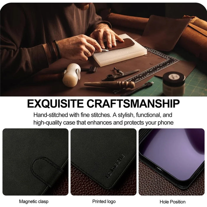 LC.IMEEKE For iPhone 18 Pro / 17 Pro Case Calf Texture PU Leather Stand Wallet Phone Cover - Black - 6