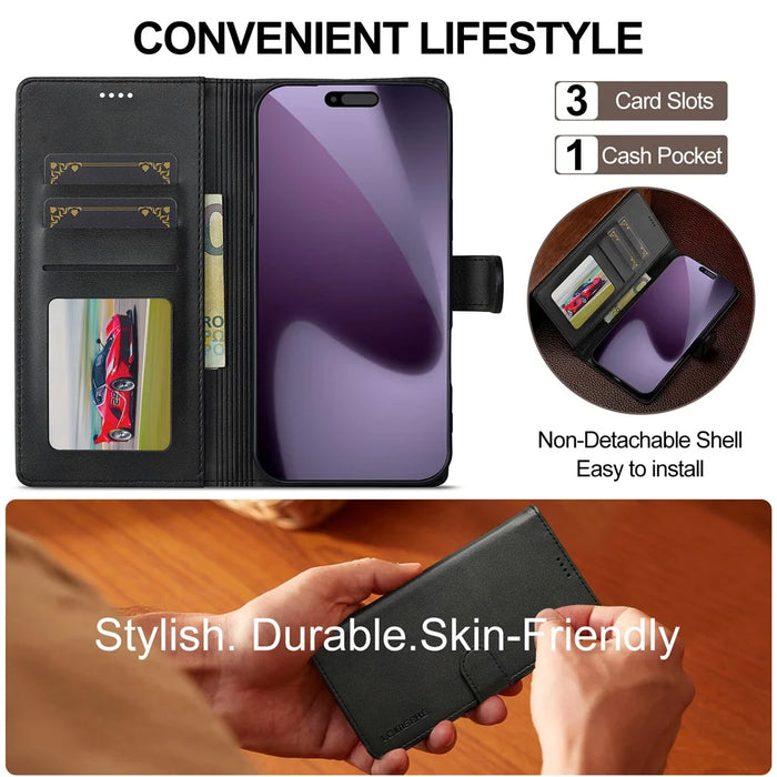LC.IMEEKE For iPhone 18 Pro / 17 Pro Case Calf Texture PU Leather Stand Wallet Phone Cover - Black - 7