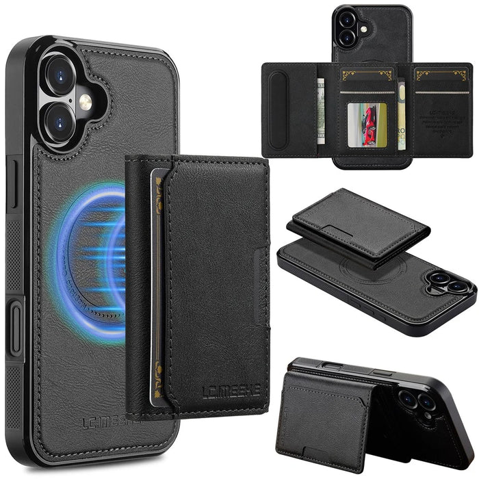 LC.IMEEKE L5 For iPhone 17 Magnetic Phone Case Leather Back Cover with Detachable Card Holder - Black - 1