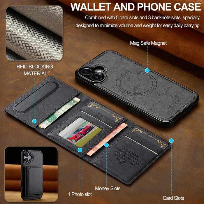 LC.IMEEKE L5 For iPhone 17 Magnetic Phone Case Leather Back Cover with Detachable Card Holder - Black - 4