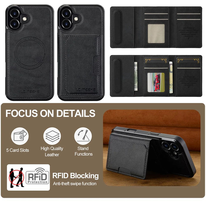 LC.IMEEKE L5 For iPhone 17 Magnetic Phone Case Leather Back Cover with Detachable Card Holder - Black - 6
