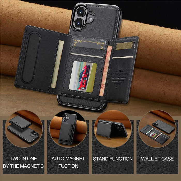LC.IMEEKE L5 For iPhone 17 Magnetic Phone Case Leather Back Cover with Detachable Card Holder - Black - 7