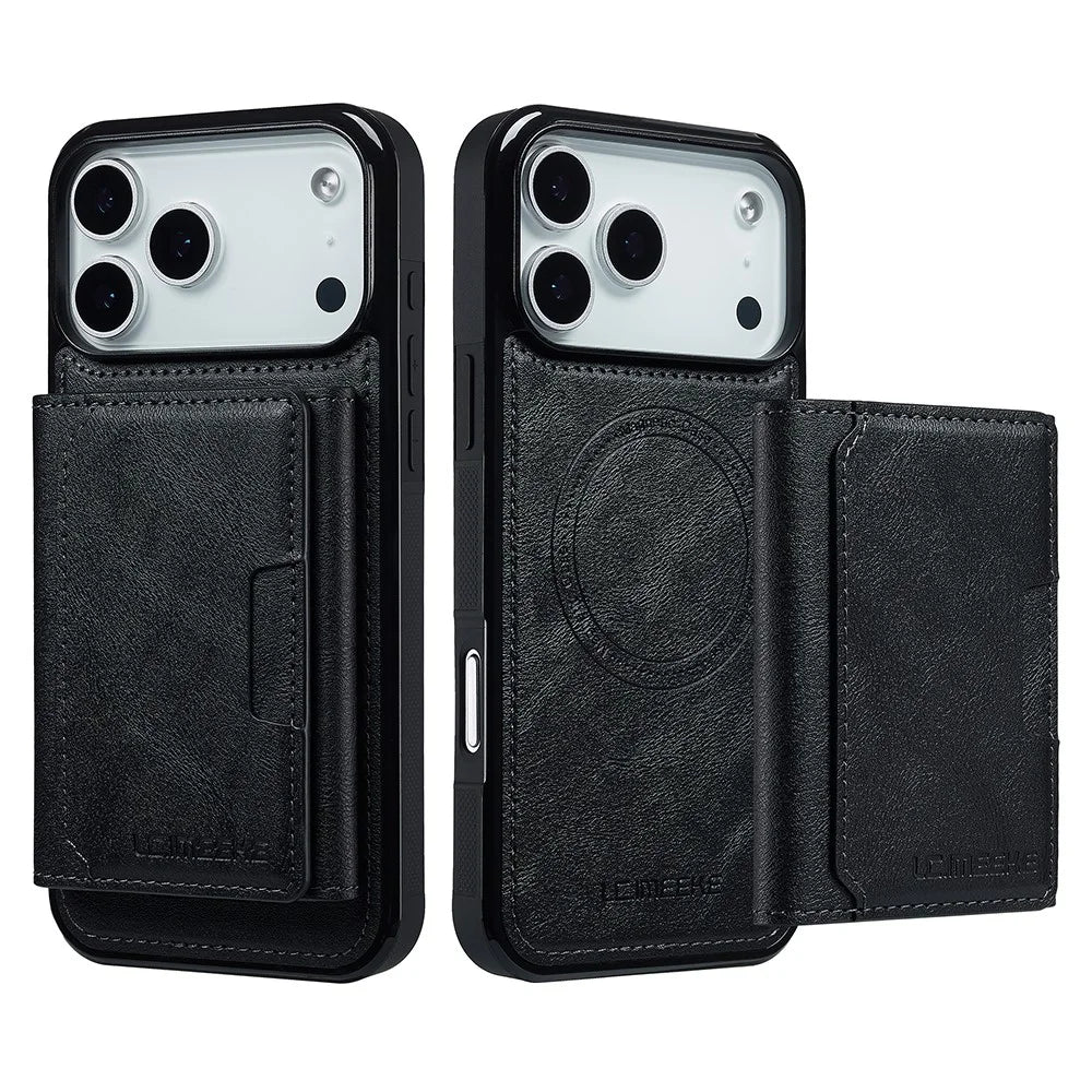 LC.IMEEKE L5 For iPhone 18 Pro Max / 17 Pro Max Magnetic Phone Case Leather Back Cover with Detachable Card Holder - Black - 1