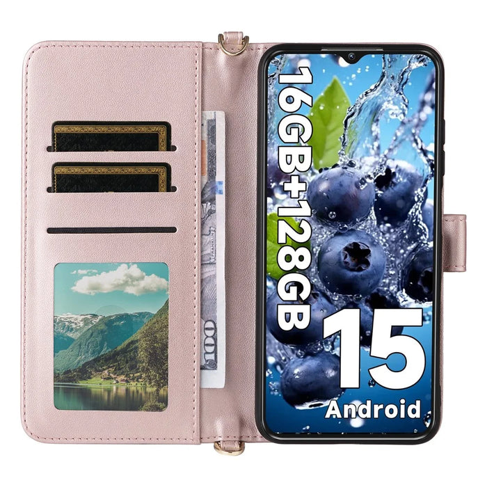 For Oukitel C1 / C1 Pro Case with Shoulder / Wrist Strap Leather Phone Cover Stand Wallet - Pink - 3