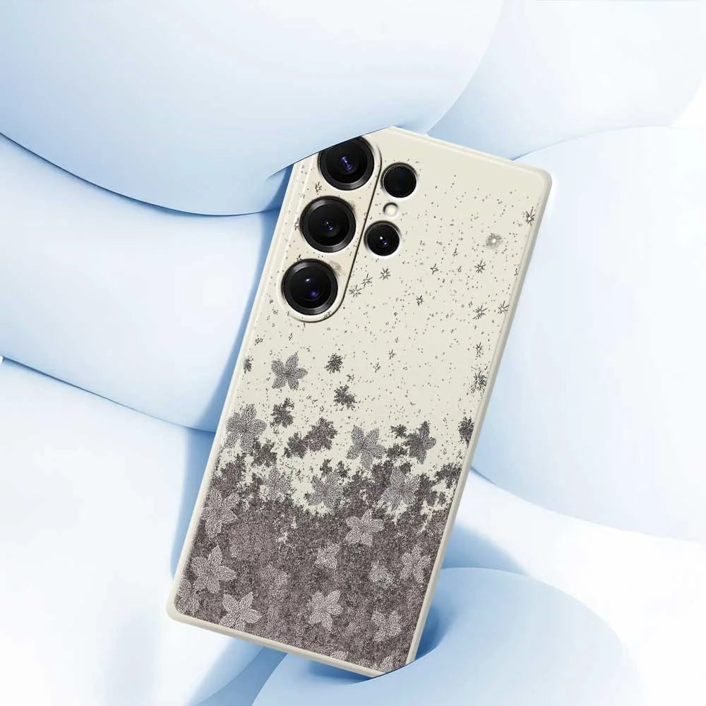 For Samsung Galaxy S25 Ultra Case Grey Flowers Pattern Printing Straight Edge TPU Phone Back Cover - Beige - 5