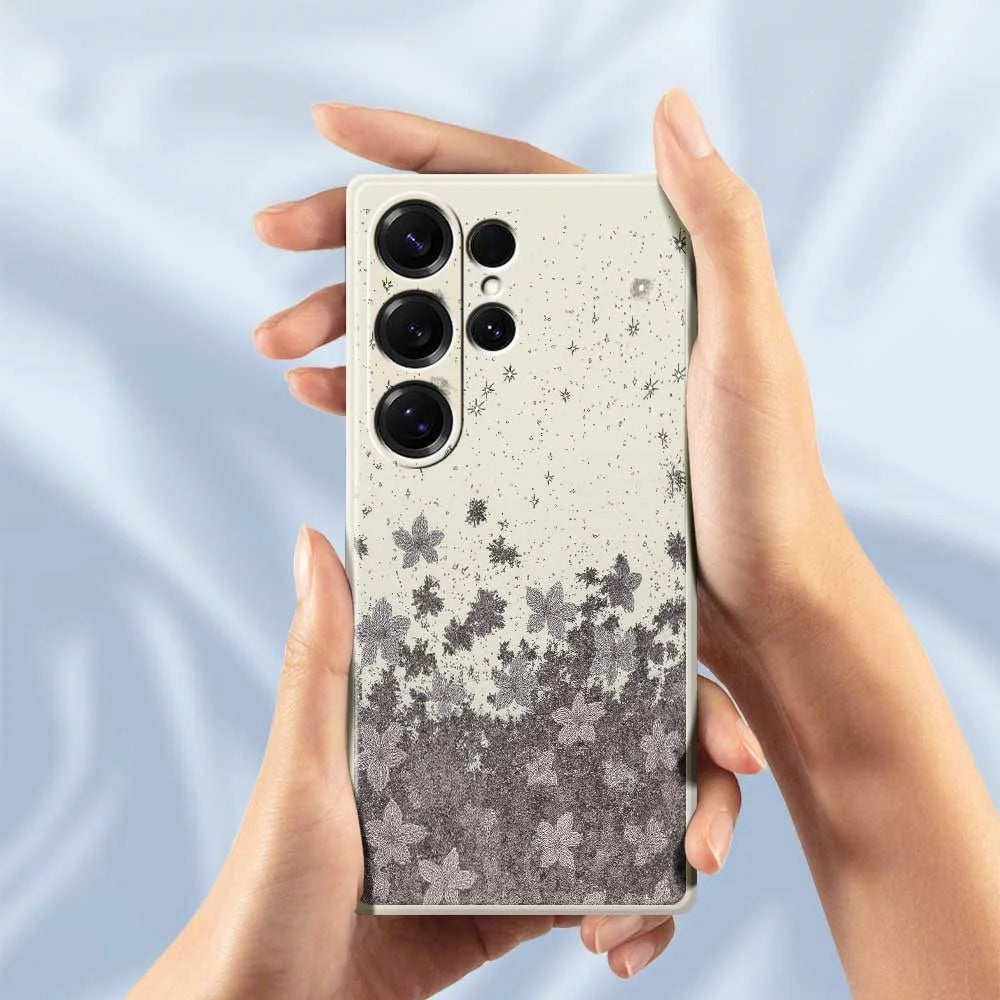 For Samsung Galaxy S25 Ultra Case Grey Flowers Pattern Printing Straight Edge TPU Phone Back Cover - Beige - 6