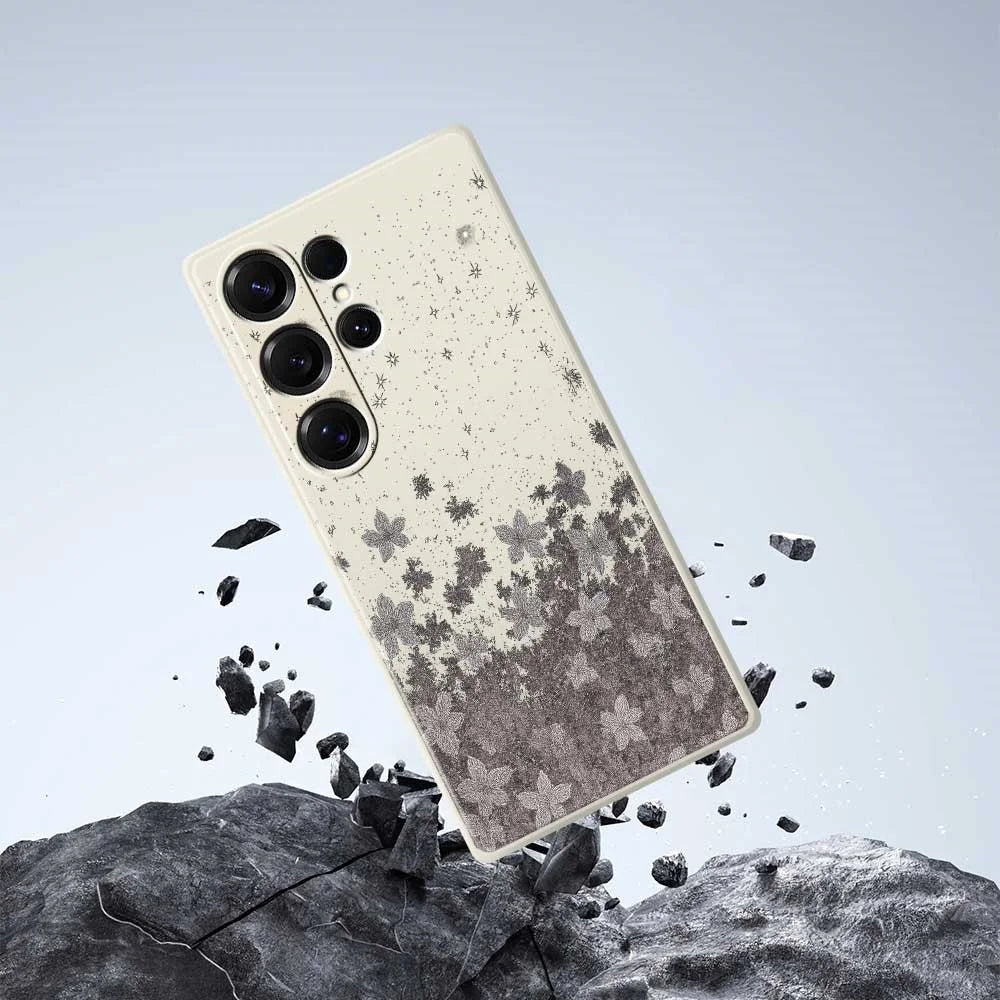 For Samsung Galaxy S25 Ultra Case Grey Flowers Pattern Printing Straight Edge TPU Phone Back Cover - Beige - 7