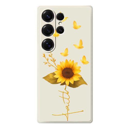 For Samsung Galaxy S25 Ultra Case Golden Butterfly Sunflower Pattern Printing Straight Edge TPU Phone Back Cover - Beige - 1