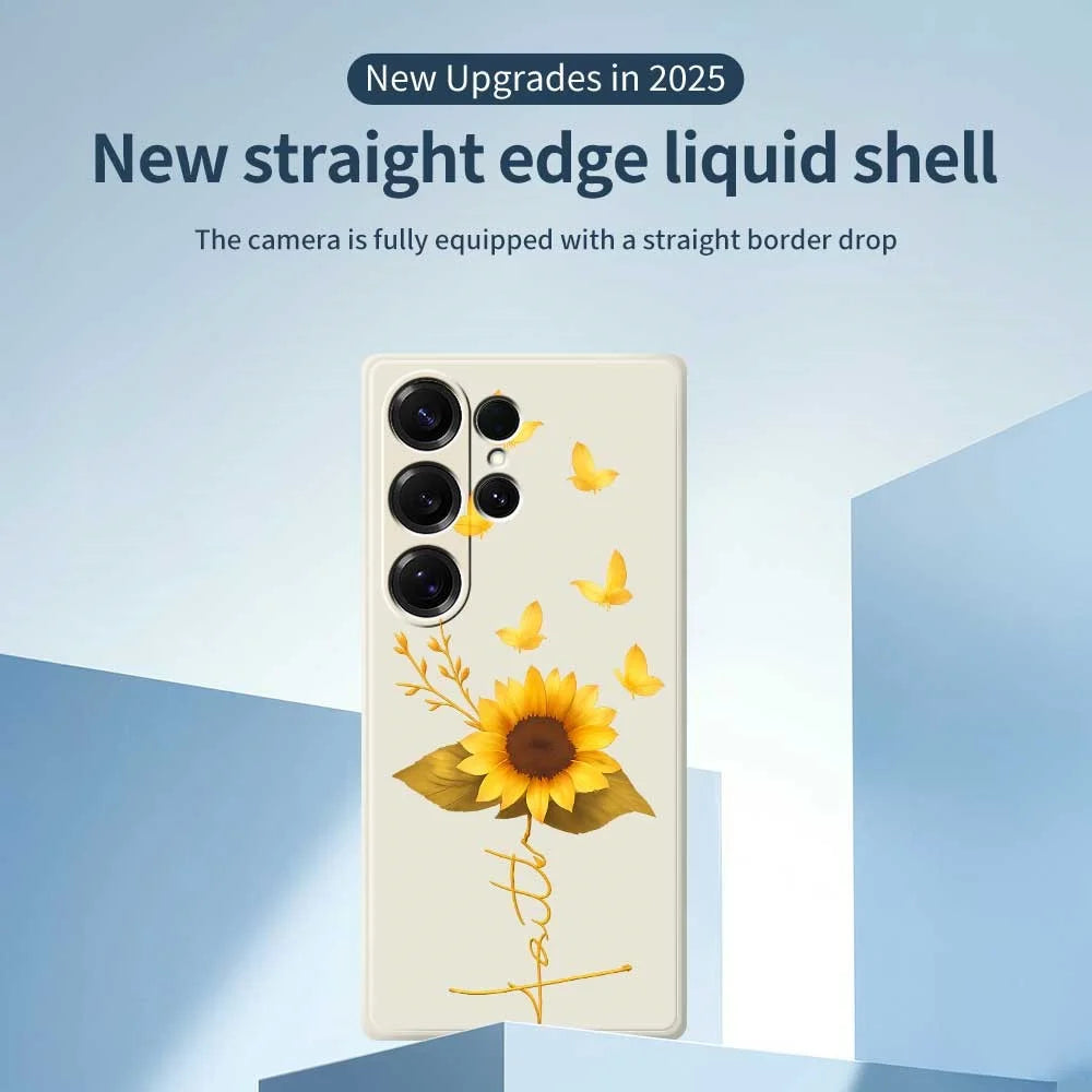 For Samsung Galaxy S25 Ultra Case Golden Butterfly Sunflower Pattern Printing Straight Edge TPU Phone Back Cover - Beige - 3