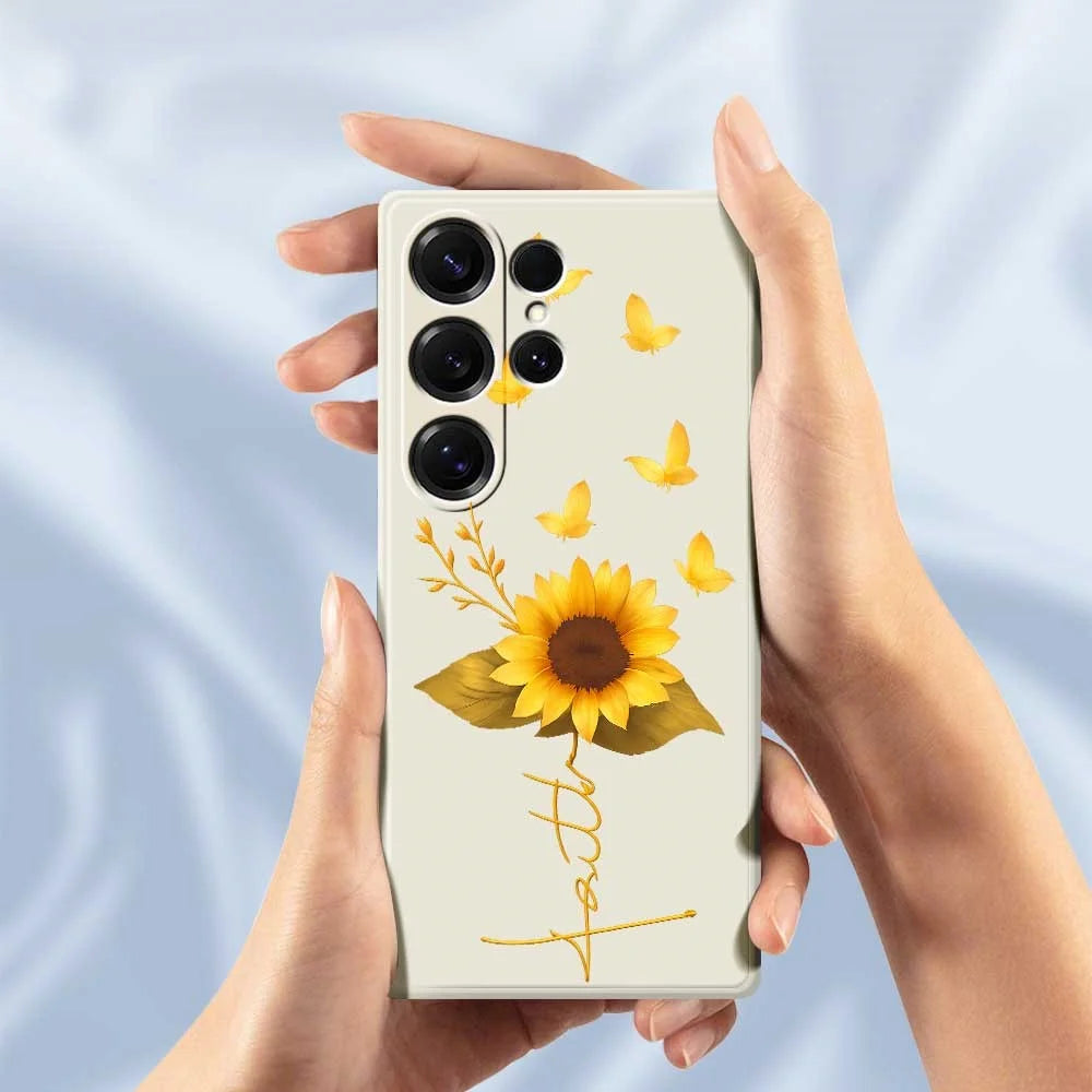 For Samsung Galaxy S25 Ultra Case Golden Butterfly Sunflower Pattern Printing Straight Edge TPU Phone Back Cover - Beige - 6