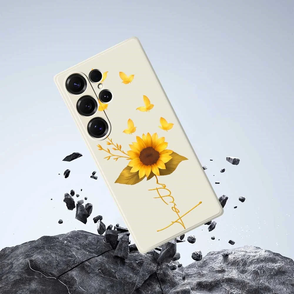 For Samsung Galaxy S25 Ultra Case Golden Butterfly Sunflower Pattern Printing Straight Edge TPU Phone Back Cover - Beige - 7