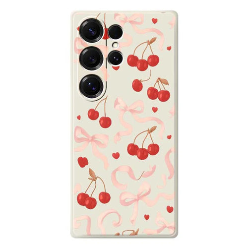For Samsung Galaxy S25 Ultra Case Big Bow Cherry Pattern Printing Straight Edge TPU Phone Back Cover - Beige - 1