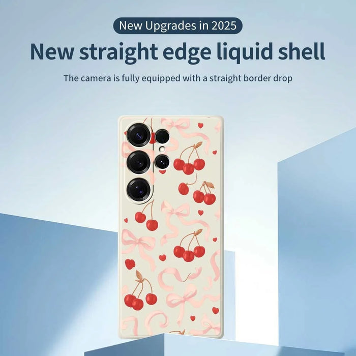 For Samsung Galaxy S25 Ultra Case Big Bow Cherry Pattern Printing Straight Edge TPU Phone Back Cover - Beige - 3