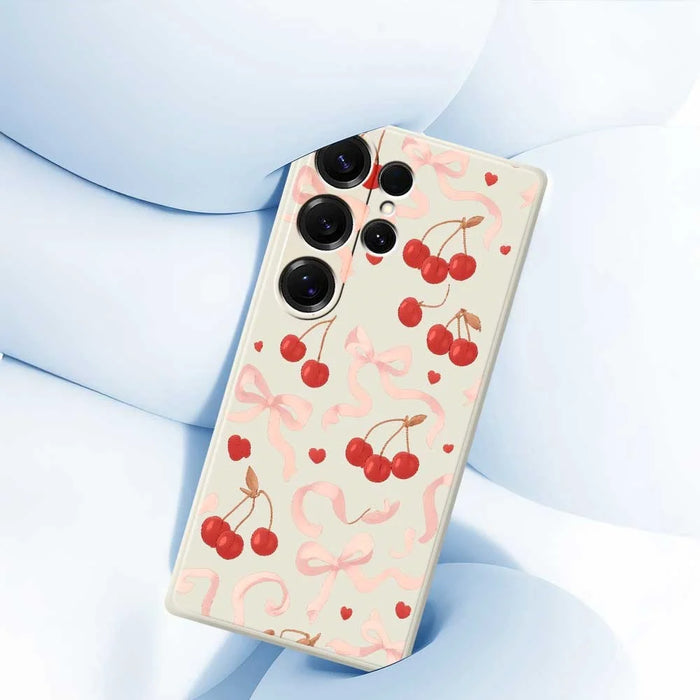 For Samsung Galaxy S25 Ultra Case Big Bow Cherry Pattern Printing Straight Edge TPU Phone Back Cover - Beige - 5